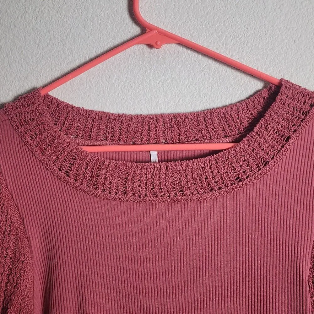 Free People Shirt Womens Large Pink Crochet Bell Sleeve Boho Knit Top